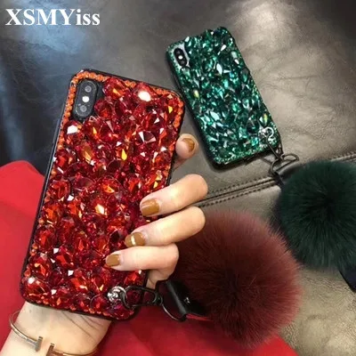 

XSMYiss Luxury Bling 3D Crystal Diamond Rhinestone With Fur Ball Phone Case For iphone X XS MAX XR 5S 6S 7 8 PLUS Back cover
