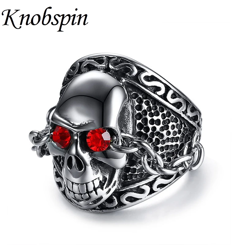 

European Style Punk Men's Jewelry 26MM Titanium Steel Red Rhinestone Skull Rings Fashion Men's Chain Rings Jewelry US Size 8-12