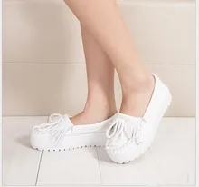 Women White genuine leather Flats Women Platform Cow Leather Nurse Shoes Female Slip-on Loafers Size 34-40 Women Flats