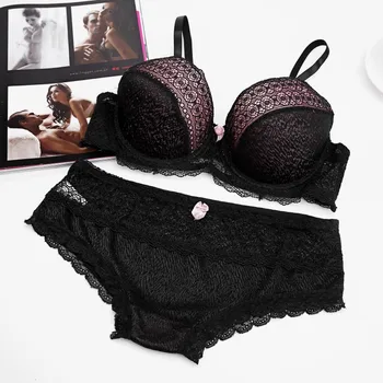 

Ladychili Women's Intimates Sexy Black Full Lace Bra Set Deep V Push Up Bra and Panties Set Thin Cup Bra Underwear Suit N290