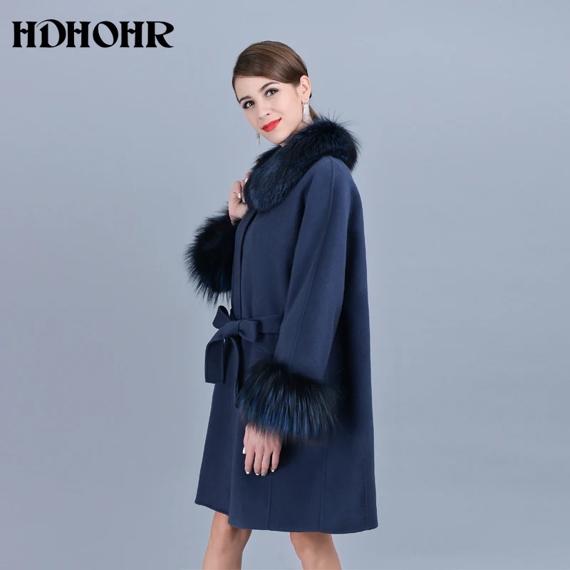 HDHOHR, горячая распродажа, кашемировое пальто для женщин, зимнее, рукав, воротник с натуральным лисьим мехом, куртка из натурального Лисьего меха, пальто для женщин