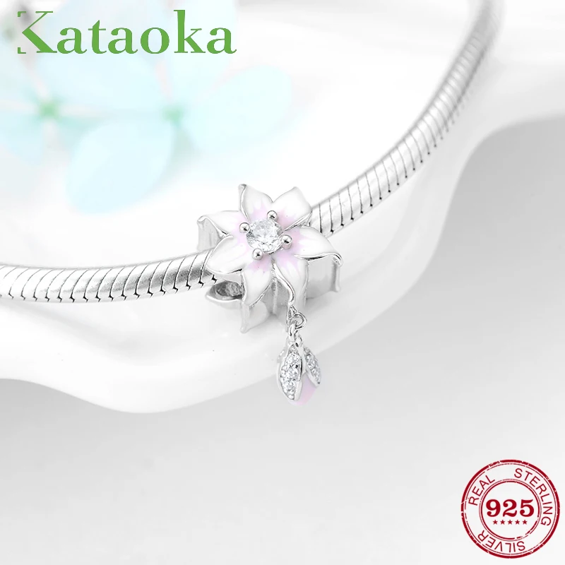 

Pink white Peach Blossom and Bud CZ Charms silver 925 Fine Enamel Beads Fit Original Pandora Charms Bracelet Jewelry Making