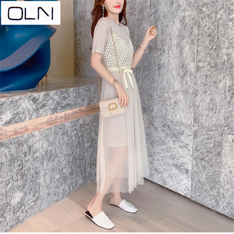 Vestidos корейский OLN лето летний короткий рукав Футболка на подтяжках платье из двух частей полые гофрированный с сеткой платье