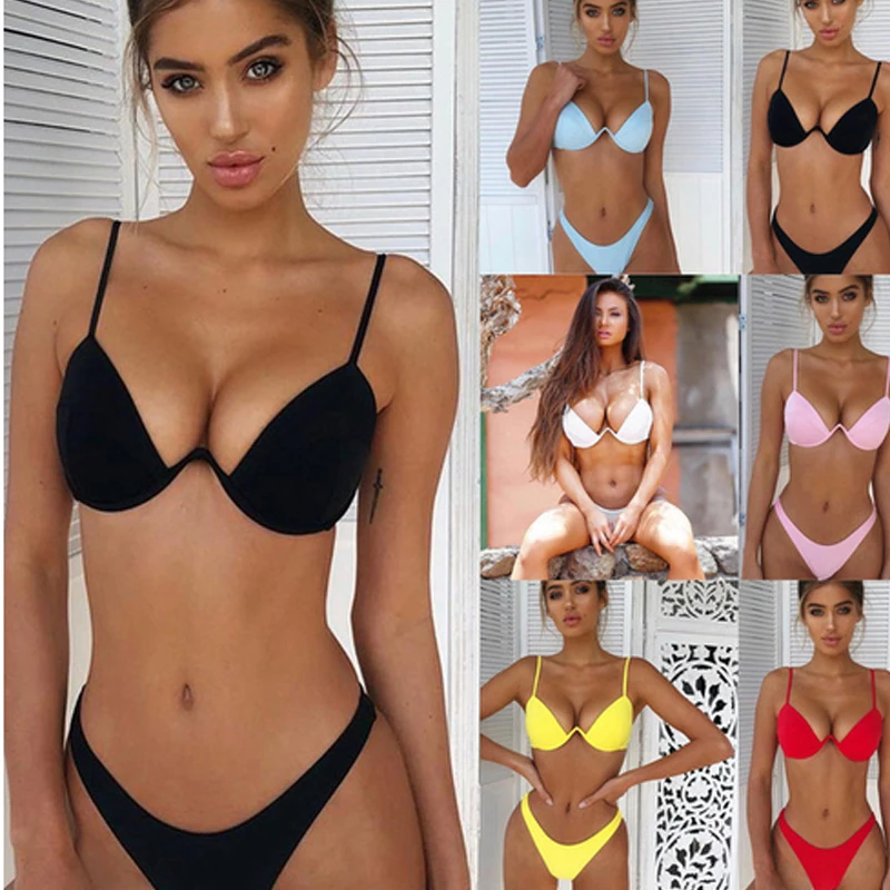 

Women Fashion Padded Bra Bikini Set Swimsuit Ladies Solid Bandage Push-up Triangle Swimwear Bathing Suits Biquini Swimwear