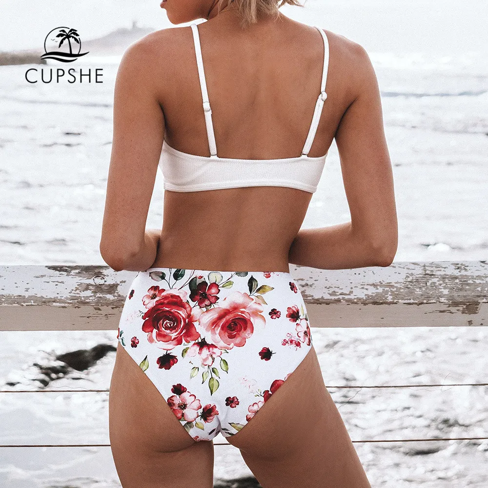 Preise CUPSHE Lvory und Rose Verknotet High Taille Bikini Sets Sexy Cut Out Badeanzug Zwei Stück Bademode Frauen 2019 Strand badeanzug