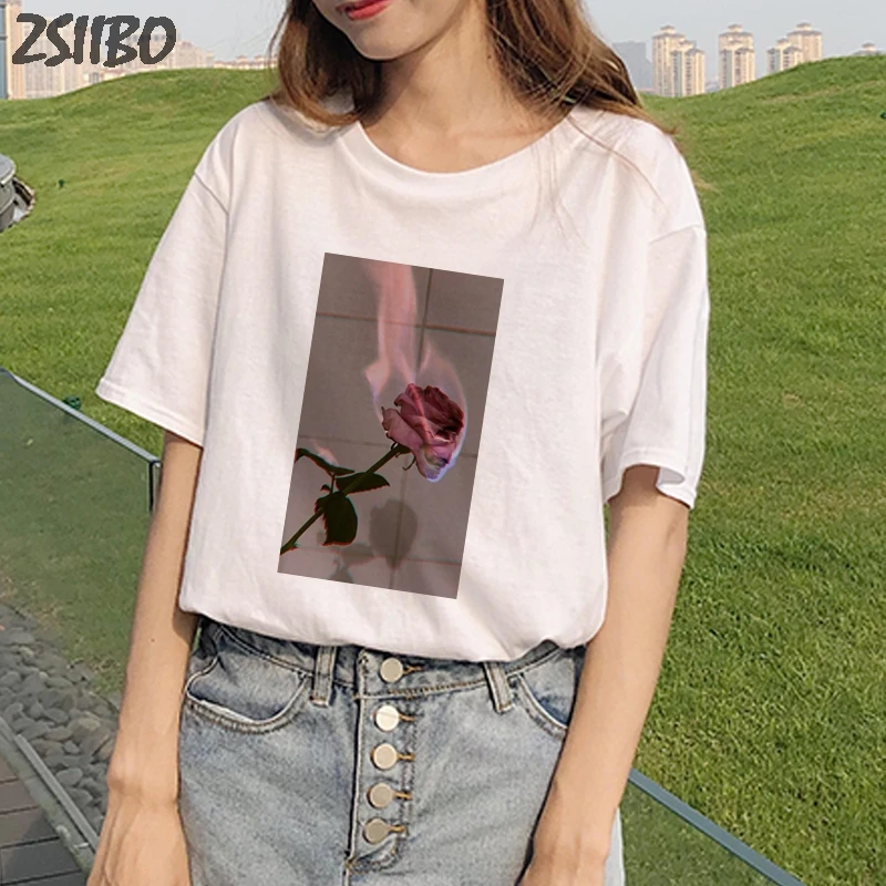 Female t shirt summer new rose flower flame Print Short sleeve tshirt Women