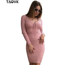 Taovk Для женщин длинные вязаное платье тонкий Платья для женщин эластичные узкие Разделение платье краткое вязаное платье
