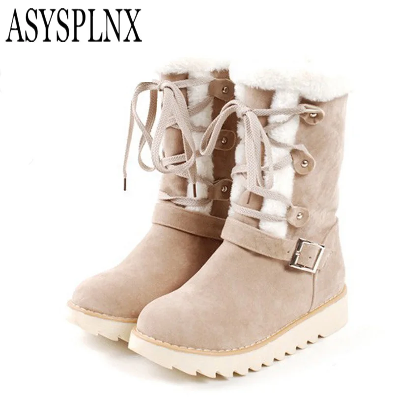 

ASYSPLNX Nubuck round toe platform flat women Fashion snow boots Apricot wiinter waterproof Casual ladies warm shoes for wonan