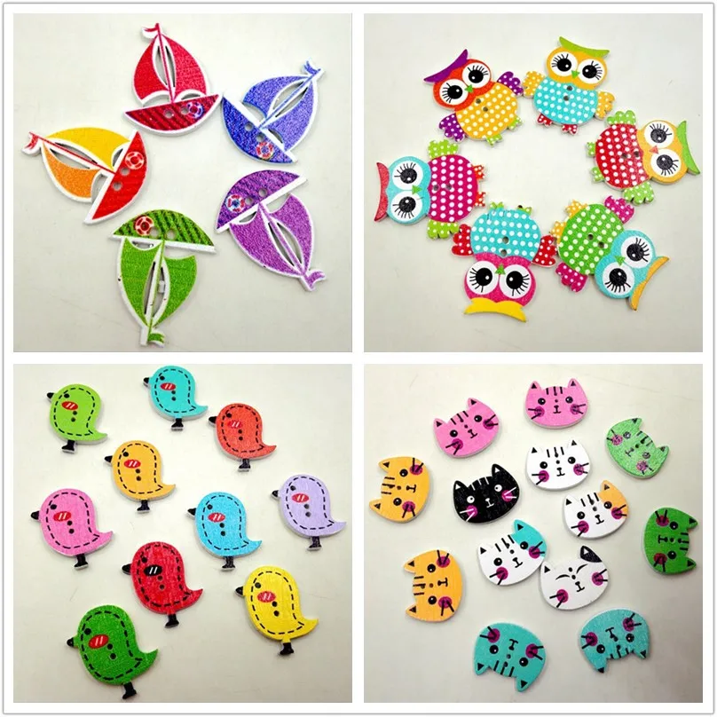 

Cute Cartoon Wood Sewing Button Scrapbooking Charms Animal Cat Owl Bird Sailing 2 Holes