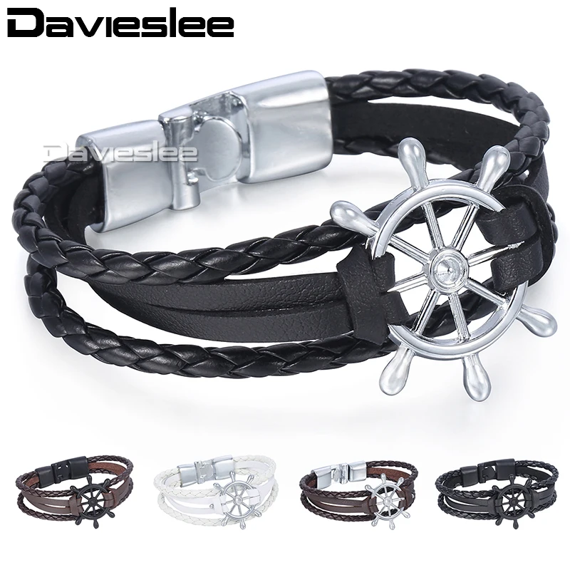 

Davieslee Womens Mens Chain Wheel Charm Bracelet Wristband Man-made Leather Braided Rope Link Silver Black 11mm LLBM113