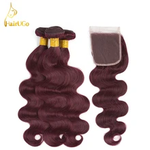 HairUGo Hair Pre-colored Malaysia Hair Body Wave 99J Color 3 Bundles With Clousre Non Remy 8-26 Inch Human Hair Extensions