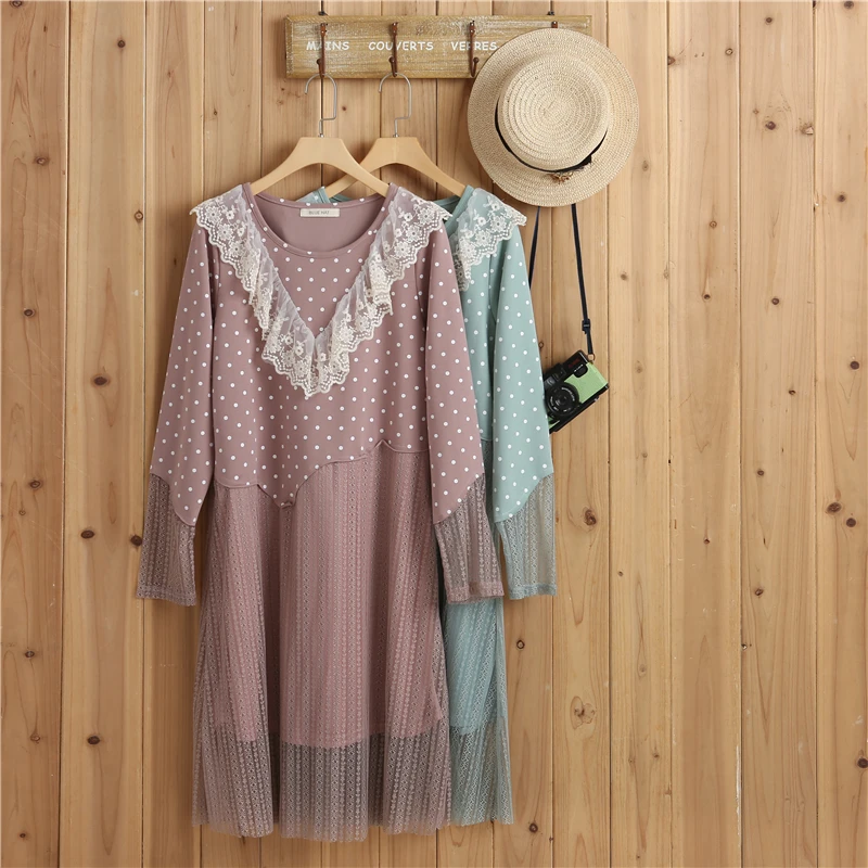 

Spring Autumn Japanese Harajuku Mori Girl Pink & Green Color Patchwork Dot Lace Loose Casual Women Dress Vestidos Faldas 16914