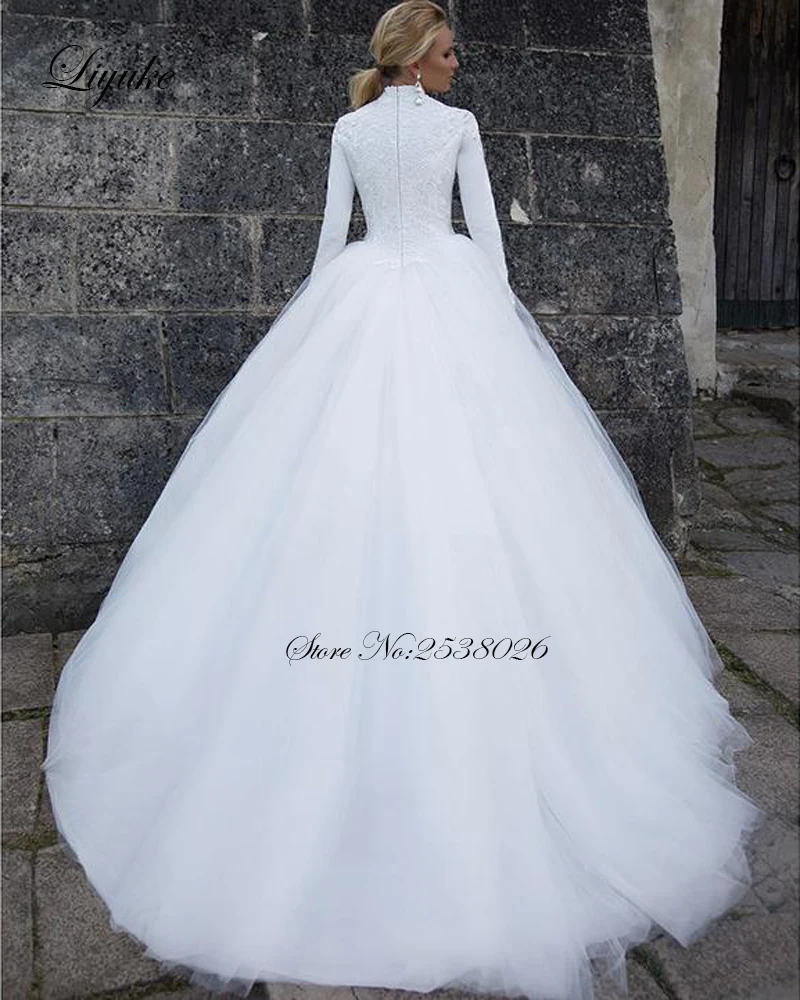 Liyuke/Пышное Тюлевое бальное платье с высоким вырезом; свадебное платье из атласной ткани на молнии сзади; свадебное платье принцессы; Новое поступление