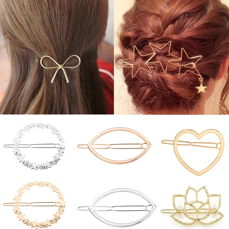 

Women Girls New Fashion Metal Hair Clips Delicate Star Heart Barrettes Hair Decorations Jewelry Metal Circle Hairpins Holder