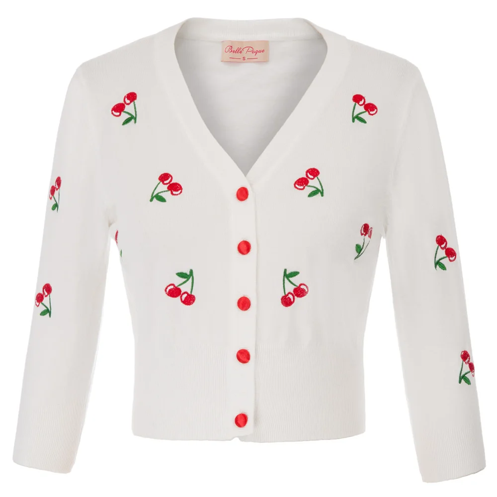 

Sweater Women Autumn Cherries Embroidery tops ladies casual retro 3/4 Sleeve V-Neck Cropped Knitting Coat Knitwear soft jumper