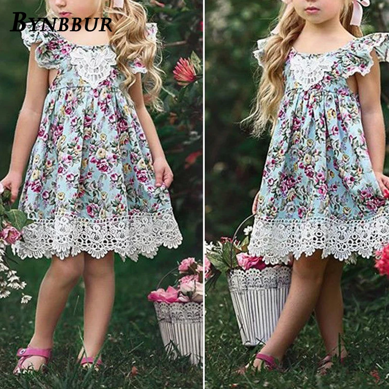 Bynbbur Lace Patchwork Floral Print Dress Girls Party Dress Sleeveless Cute Baby Backless Kid Girl Mini Dress 2019 Summer New