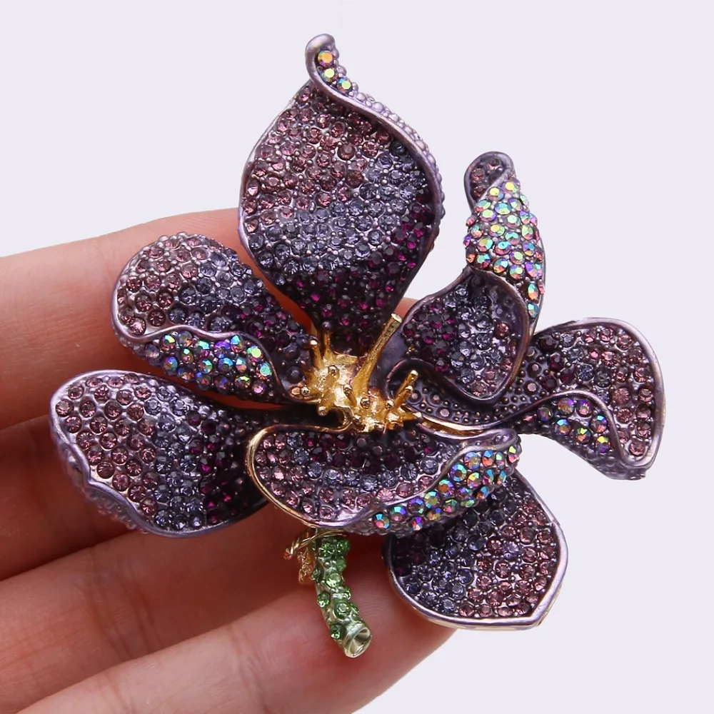Bella Fashion Purple Gold Orchid Flower Brooch Pin Austrian Crystal