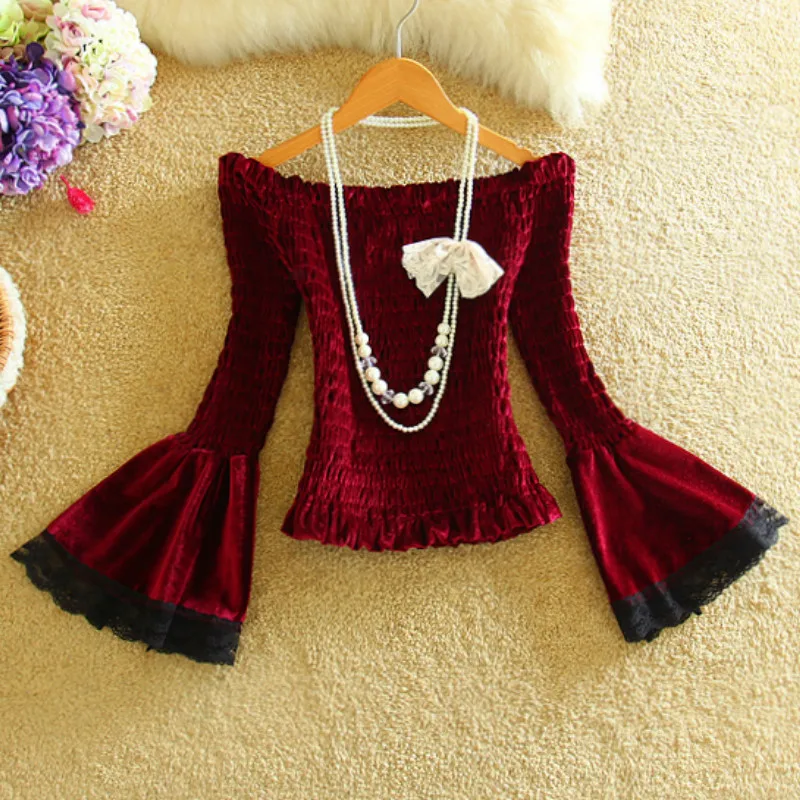 

2017 Autumn long flare sleeve off the shoulder velvet shirts women off shoulder crop tops women short Velvet blouses body shirts