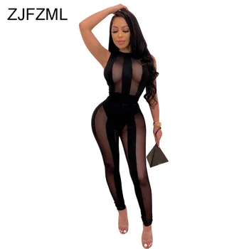 

Sheer Mesh Patchwork Sexy Skinny Jumpsuit Women O Neck Sleeveless See Through Romper Elegant Black High Waist One Piece Overall