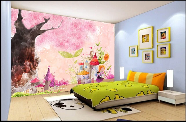 

Custom papel DE parede infantil, dreamy pink tree for children room bedroom TV wall waterproof fabric papel DE parede