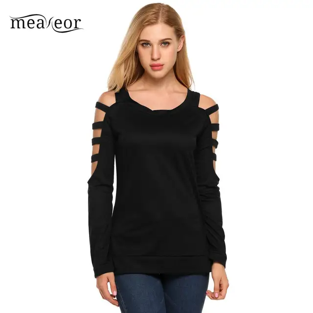 Buy Meaneor Cut off Long Sleeve Women Shirts Solid