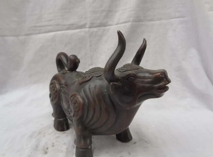 

10"Chinese Zodiac Bronze Animals RuYi JiXiang YuanBao Wealth Coin Bull Ox Statue