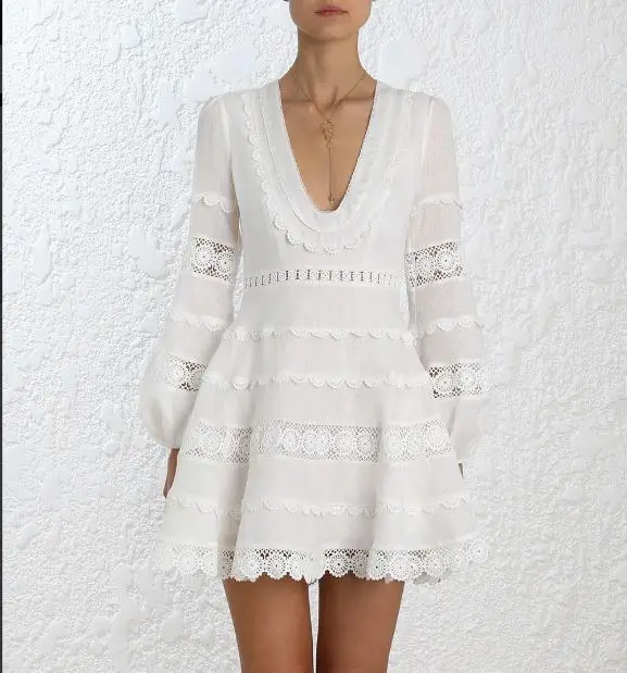 

2018 SWomen's White balloon sleeves Castile Plunge Mini Dress Hollow lace trims edge