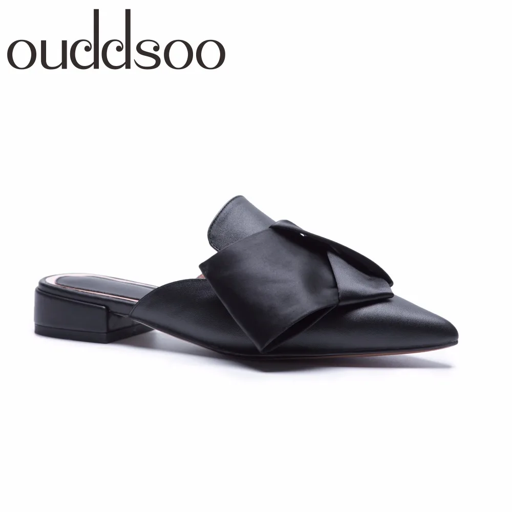 

Sexy Mules Shoes Women 2018 Fashion genuine Leather Solid pointed toe low Heel bowtie Ladies Slipper Sandals Flats large size 43