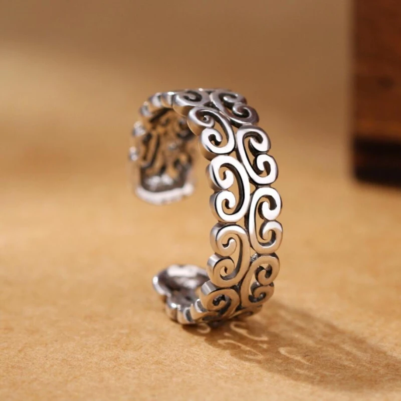 

Sole Memory Retro Creative Geometric Pattern Literary Personality 925 Sterling Silver Female Resizable Opening Rings SRI301