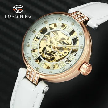 

FORSINING Casual Elegant Women Iced Out Watch Automatic Mechanical Skeleton Watches White Leather Strap Dress Ladies Wristwatch