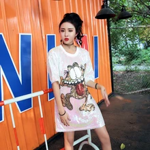 Модные милые летние футболки для девочек; Новинка; Забавные футболки с рисунком кота и пайетками; женские свободные повседневные модные длинные футболки; топы для женщин