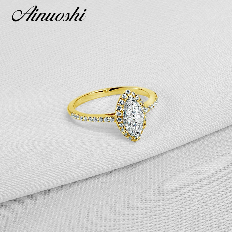 

AINUOSHI 10k Solid Yellow Gold Wedding Ring 1 ct Simple Design Marquise Simulated Diamond Jewelry Halo Lovers Propasal Rings