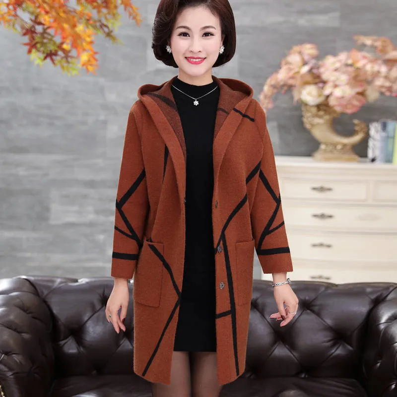 

2019 Autumn Winter Plus Size 4XL Women Elegant Loose Midi Length Hooded Knit Cardigan Sweater Middle-aged Mother Casual Coat X14