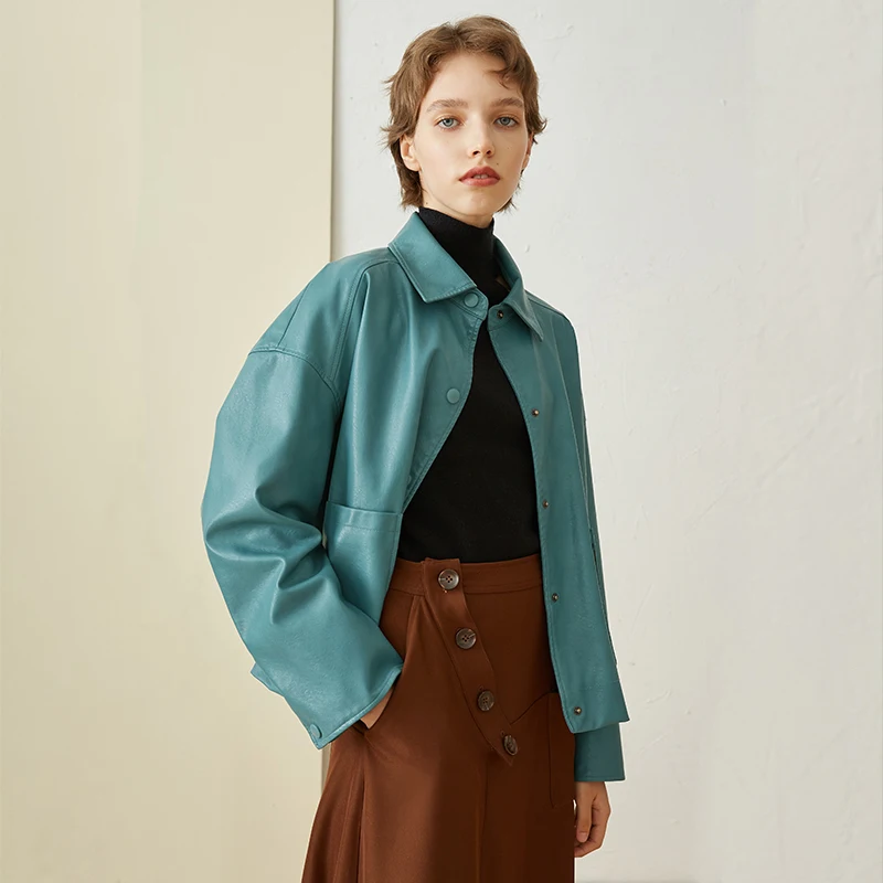 

IRINAW573 New Arrival Autumn 2018 simple single breasted vintage oversize PU leather jacket women