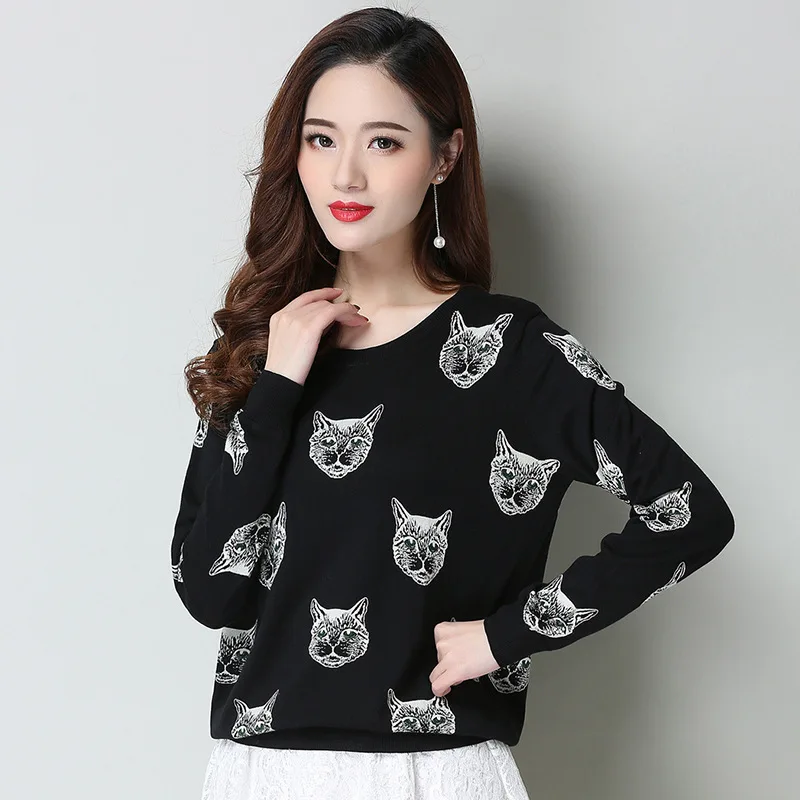 

Spring Autumn Women Knitted Sweater Printed Long Sleeve Round Collar Loose Large Size Thin Pullover Female Jumper Tops H9348