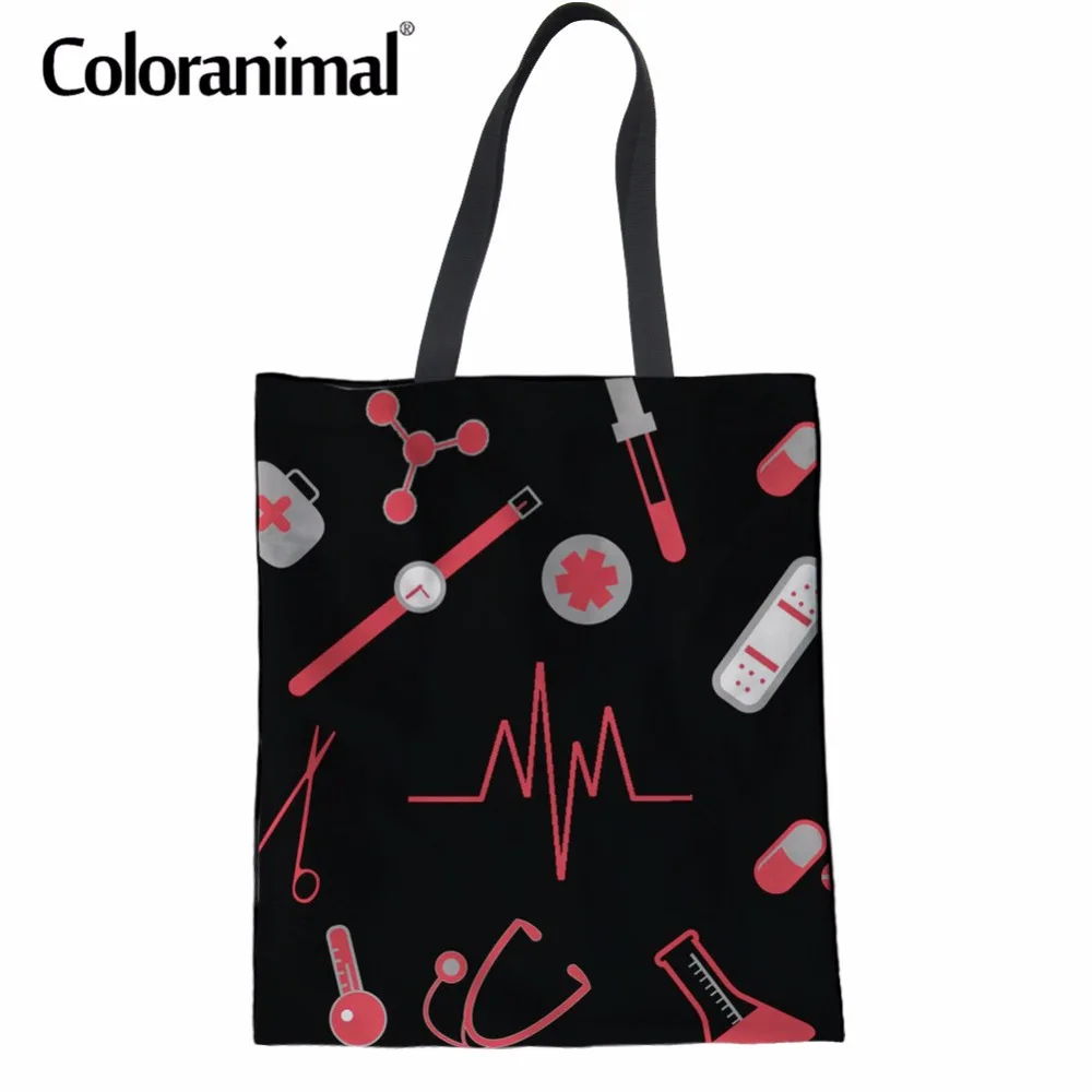 

Coloranimal Women Tote Bag Casual Cotton Handbags Eco-friendly Fold Reusable Shopper Bag Nurse Heartbeat Print Canvas Ladies Bag