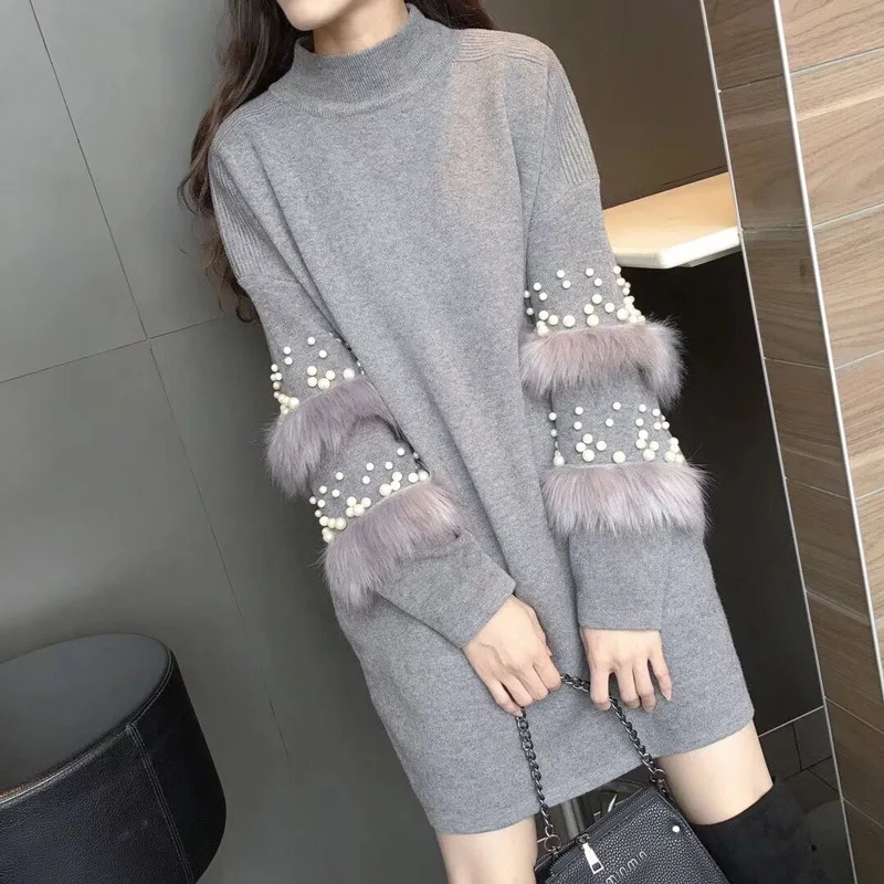 Women Winter Faux Fur Sweater Fashion Pearls Turtleneck Knitted Pullover Female Rabbit Fur Embellish Long Sweaters jumper - Цвет: gray