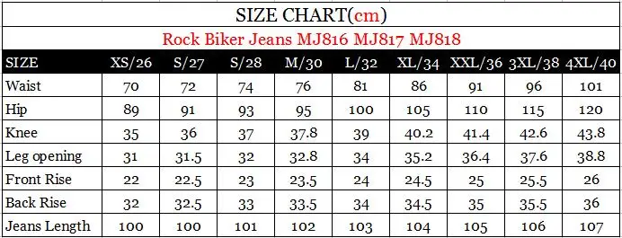 SIZE CHART Rock Biker Jeans MJ816 MJ817 MJ818