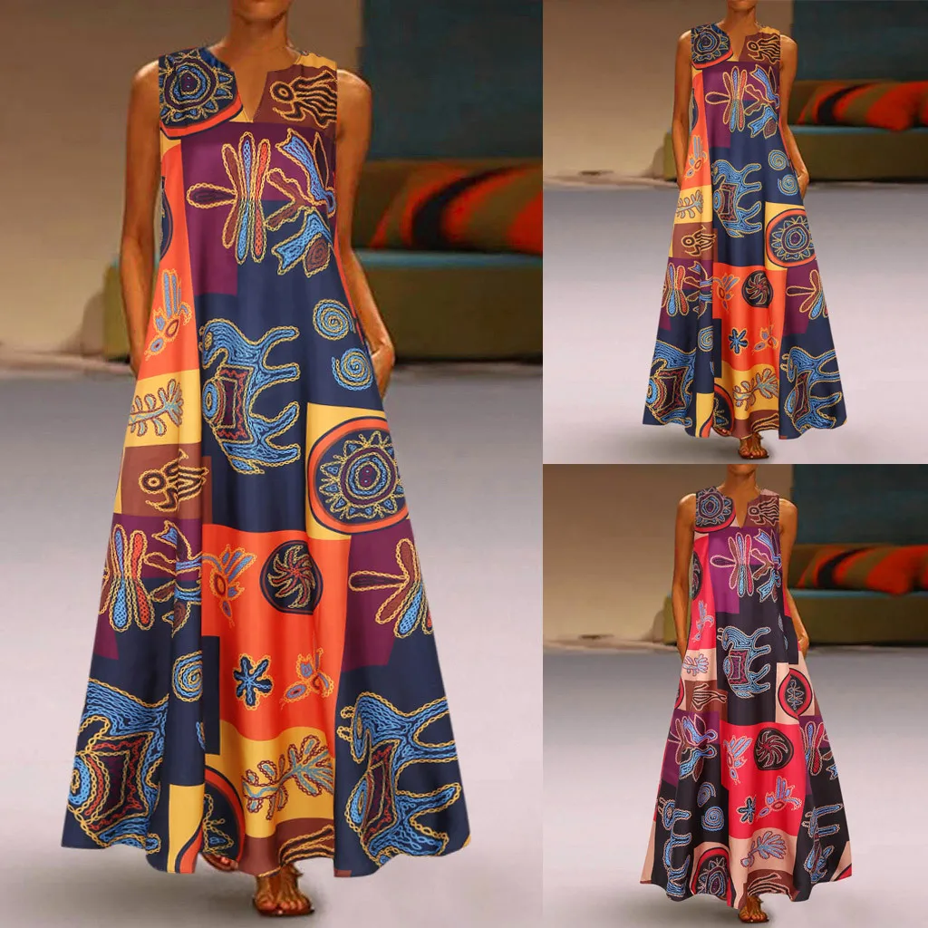

Women Summer Dress Plus Size Print Daily Casual Sleeveless Vintage Bohemian V Neck Maxi Dress Female Fashion Vestidos M40#