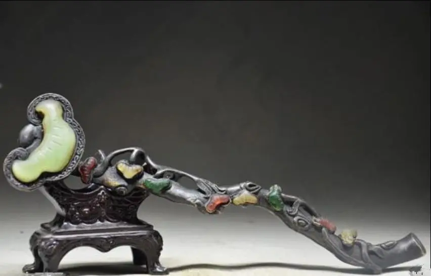 

10.63 " / Exquisite Chinese manual copper inlaid with artificial jade ruyi statue
