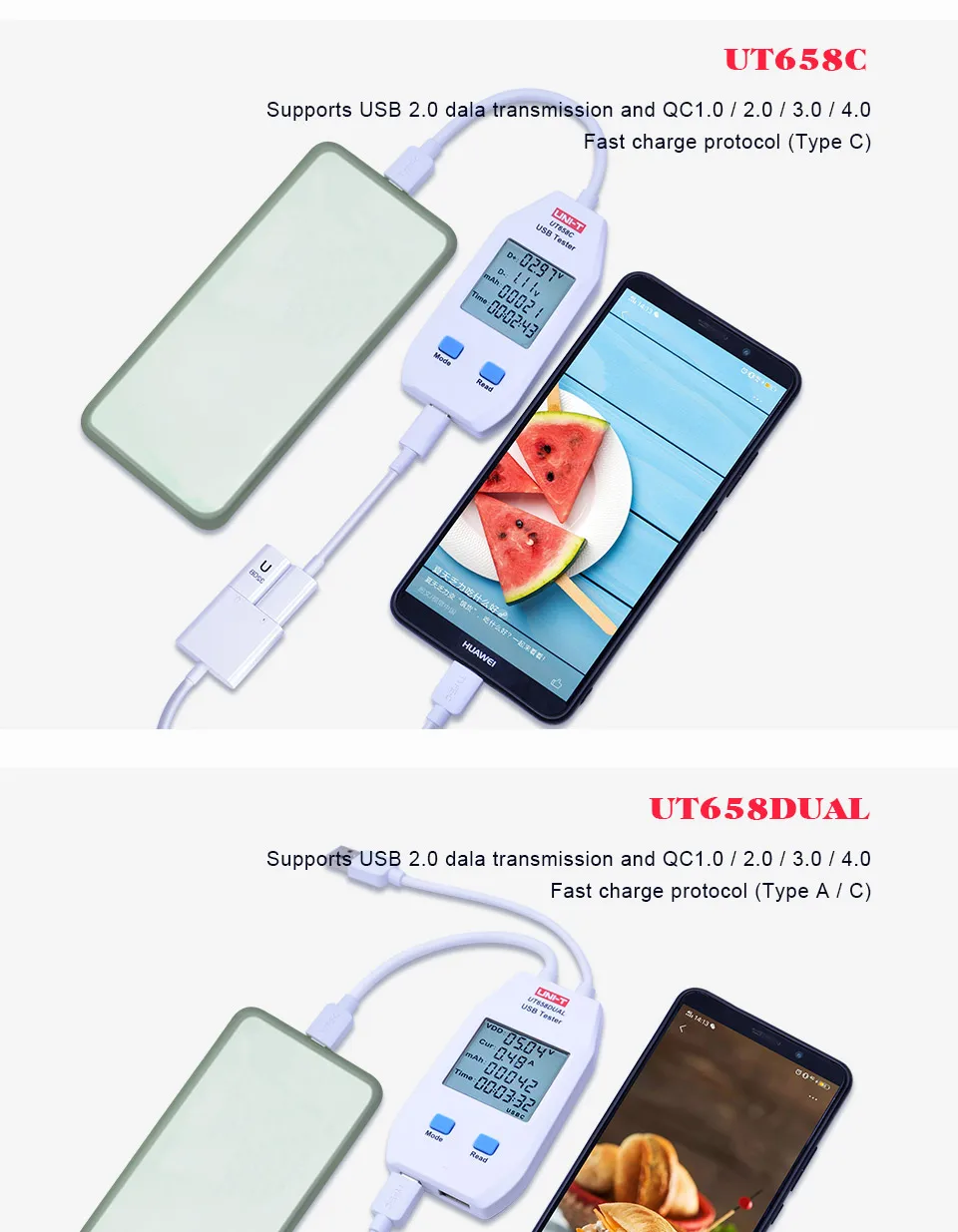 UNI-T UT658 серия USB измеритель мощности и тестер USB-A и USB-C цифровой измеритель напряжения/тока/емкости/энергии/сопротивления