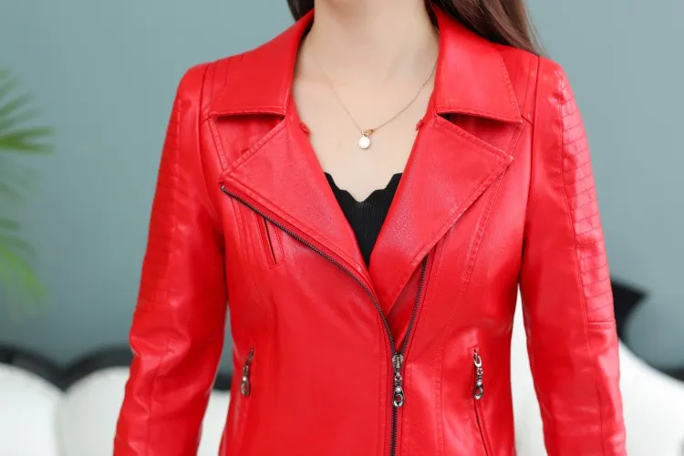 Женская короткая куртка из искусственной кожи, зимняя приталенная куртка размера плюс, верхняя одежда с отложным воротником на молнии, осеннее пальто с длинным рукавом для женщин 4XL