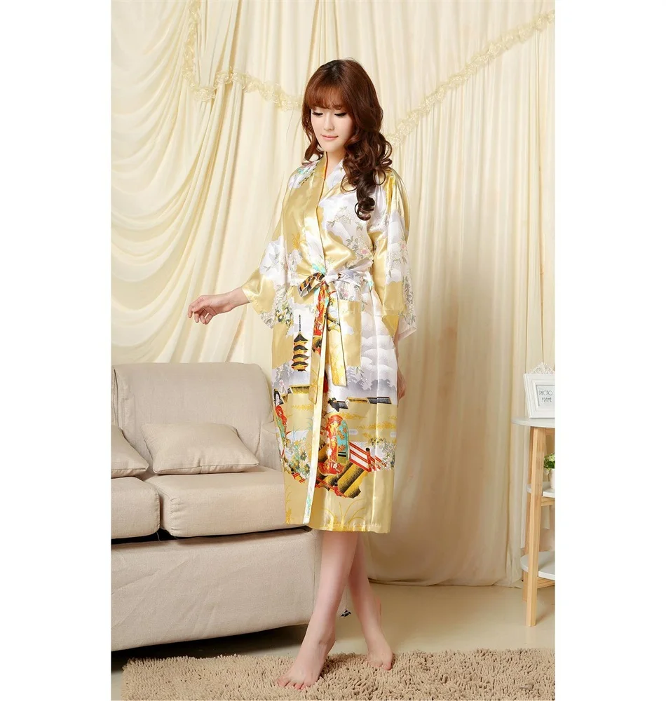 Hot Sale Gold Chinese Women's' Tradition Bath gown Silk Bathrobe Kimono ...