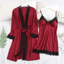 Бургундия леди халат из искусственного шелка комплект Весна 2 шт пижамы соблазнительное кимоно банное платье кружевное нижнее белье повседневная домашняя одежда M L XL