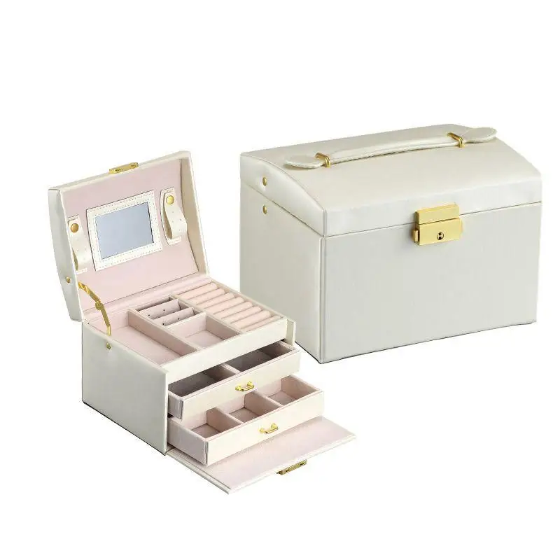 

XIUFEN Women Fashion Portable Jewel Case Cuboid Three Layers Jewelry Boxes with Lock Storage Box