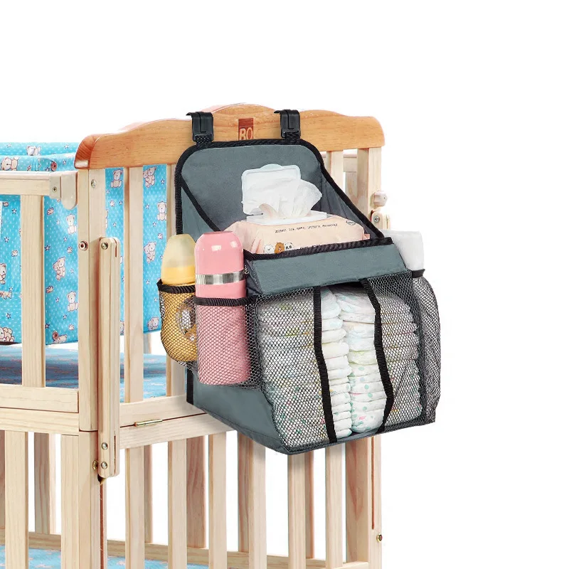 

Nylon Mesh Baby Bed Bedside Storage Nursery Hanging Bag Newborn Bottle Diaper Multi-function Crib Organizer Cradle Bag Bedding
