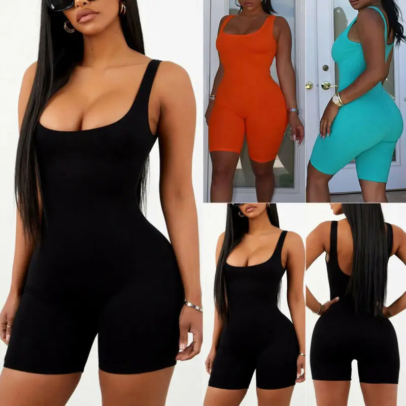

Sexy Jumpsuit Shorts Women Fitness Rompers Sport Sleeveless Streetwear Playsuit Solid Shorts Causal Summer Club Party Bodycon