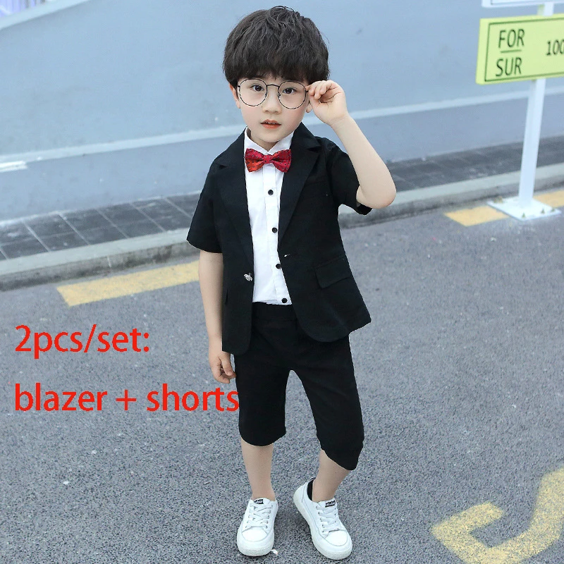 black 2pcs Торжественный Детский костюм с платьем; комплект одежды для свадебной вечеринки с цветочным принтом для мальчиков; детский Блейзер; шорты; комплект из 2 предметов - Цвет: black 2pcs