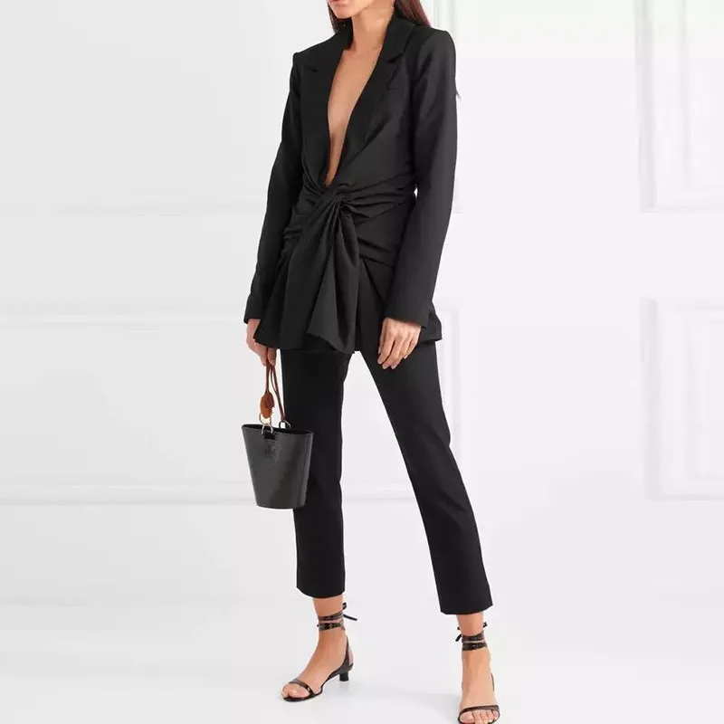 2018 Female Black Office Blazer Jacket Solid Elegant Slim Tunic Deep V Neck Sexy Outwear 2018 Female Black Office Blazer Jacket Solid Elegant Slim Tunic Deep V Neck Sexy Outwear