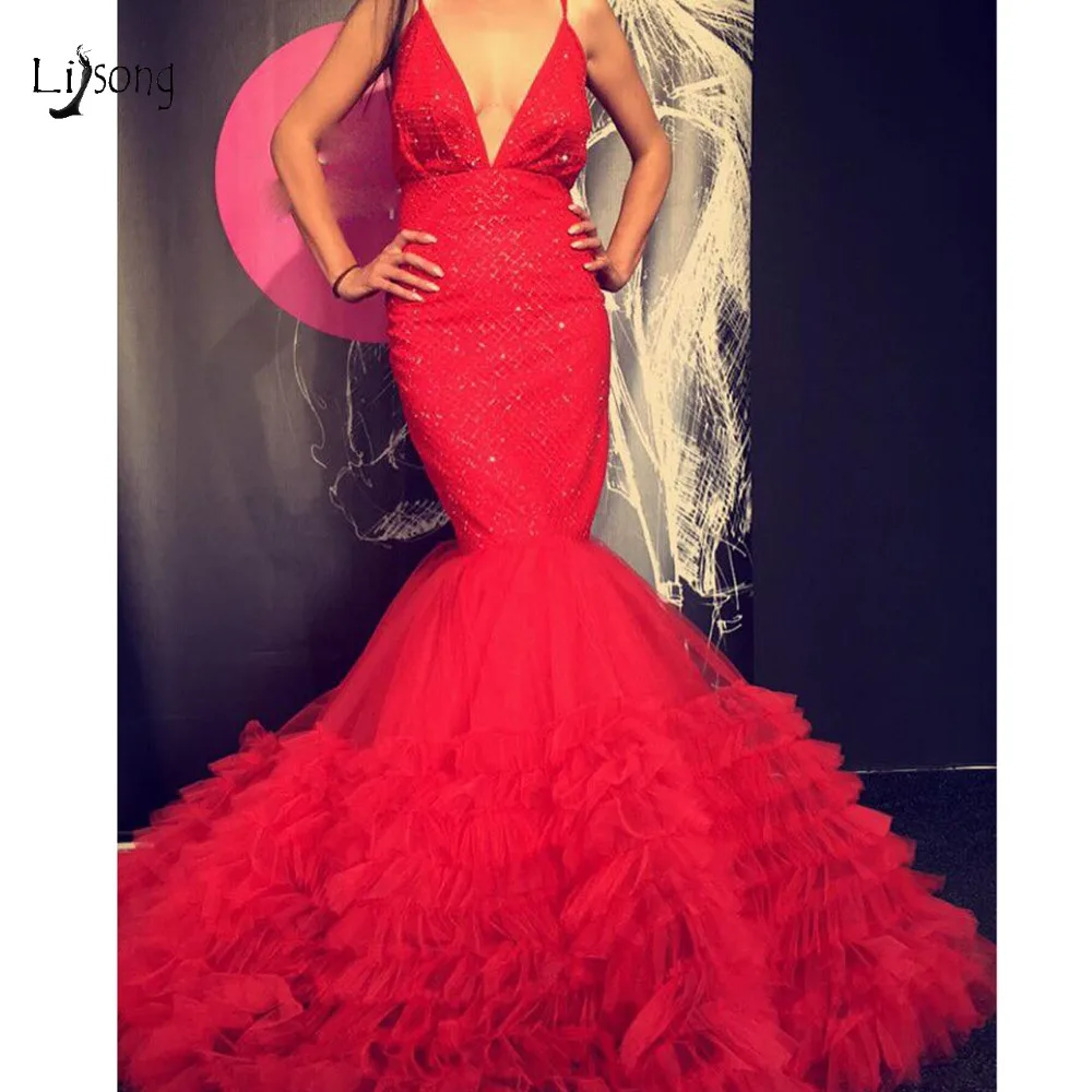 

Sexy Red Ruffles Mermaid Prom Dresses 2019 Lace Sequined Long Evening Gowns Deep V-neck Backless Prom Gowns Abiye Party Dress